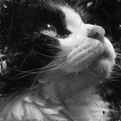 Minimalistische Skizze eines Katzengesichts in Schwarz-Weiß, Wanddekoration von F. Abderrahim