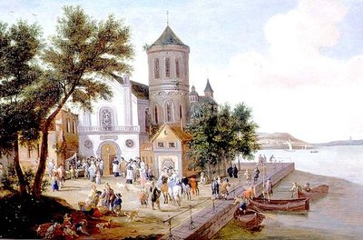 Küstenlandschaft mit Figuren auf einem Kirchplatz von A.F. and Bouts P. Boudewyns