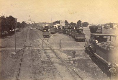 Nr. 189. Maryland Avenue Depot, Washington, D.C., mit aus Alexandria zur Sicherheit gesandten Lokomotiven von A.J. Russell