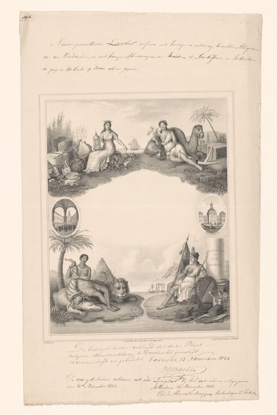 Entwurf für eine Titelseite mit Personifikationen der vier Kontinente von A. Bakker