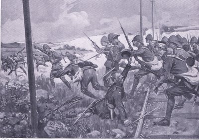 Angriff der Scots Fusiliers bei Frederikstad, Illustration aus After Pretoria: The Guerilla War, 1902 von A. C. Ball