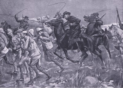 De Wets Behandlung britischer Kriegsgefangener auf dem Marsch, Illustration aus After Pretoria: The Guerilla War, 1902 von A. C. Ball