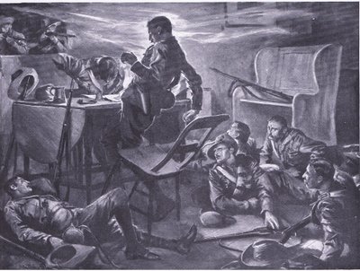 Die Tötung von zwei Männern von Comptons Horse beim Schreiben von Briefen nach Hause, Illustration aus After Pretoria: The Guerilla War, 1902 von A. C. Ball