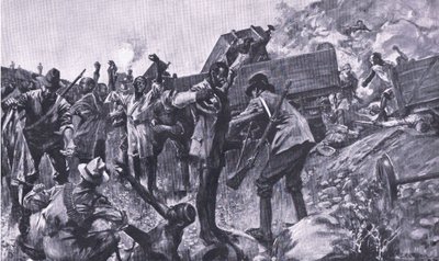 Das Entgleisen des Zuges bei Taaibosch, aus After Pretoria: Der Guerillakrieg veröffentlicht von Harmsworth Bros Limited, 1901 von A. C. Ball