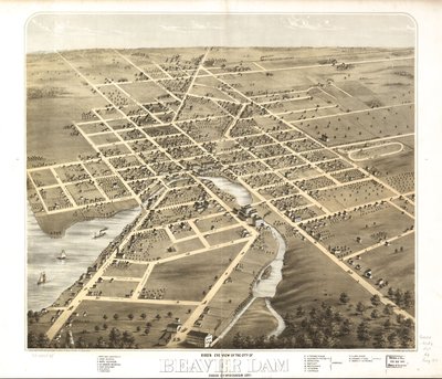 Vogelperspektive der Stadt Beaver Dam, Dodge Co., Wisconsin 1867 von A.; Chicago Lithographing Co. Ruger