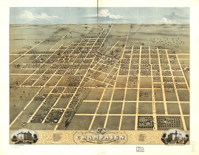 Vogelperspektive der Stadt Champaign, Champaign County, Illinois 1869 von A.; Chicago Lithographing Co. Ruger