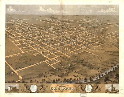 Vogelperspektive der Stadt Decatur, Macon Co., Illinois 1869 von A.; Chicago Lithographing Co. Ruger