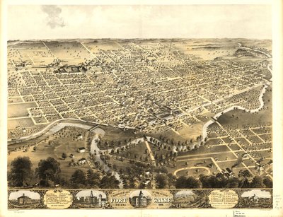 Vogelperspektive der Stadt Fort Wayne, Indiana 1868 von A.; Chicago Lithographing Co. Ruger