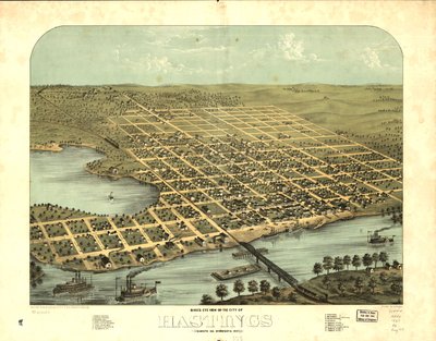 Vogelschau der Stadt Hastings, Dakota Co., Minnesota 1867 von A.; Chicago Lithographing Co. Ruger