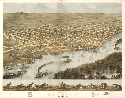 Vogelperspektive der Stadt La Crosse, Wisconsin 1867 von A.; Chicago Lithographing Co. Ruger