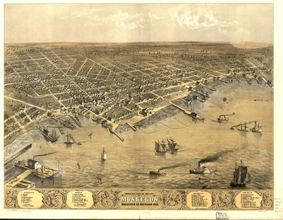 Vogelperspektive der Stadt Muskegon, Muskegon Co., Michigan 1868 von A.; Chicago Lithographing Co. Ruger