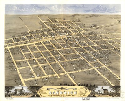 Vogelperspektive der Stadt Sandwich, De Kalb County, Illinois 1869 von A.; Chicago Lithographing Co. Ruger