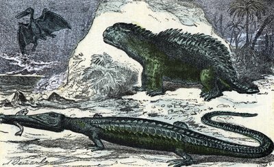 Prähistorie: Darstellung eines Teleosauriers und eines Hyleosauriers aus der Jurazeit (Gravur aus "Natur und Mensch" von Rengade) von A. Demarle