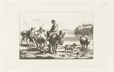 Landschaft mit Hirtin auf Maultier und Hirte mit Kühen von A. Dickhof (signed by artist)