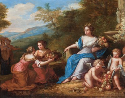 Ceres sitzt mit Putti, die Früchte präsentieren von A. Diennen