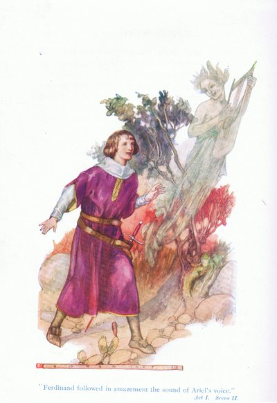 Ferdinand folgte erstaunt dem Klang von Ariels Stimme (Der Sturm), aus Geschichten aus Shakespeare, veröffentlicht von Ward Lock & Co Ltd von A. Jackson
