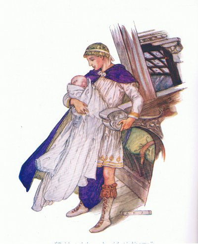 Pericles nahm das neugeborene Kind in seine Arme (Pericles, Prinz von Tyrus), aus Geschichten von Shakespeare, veröffentlicht von Ward Lock & Co Ltd von A. Jackson