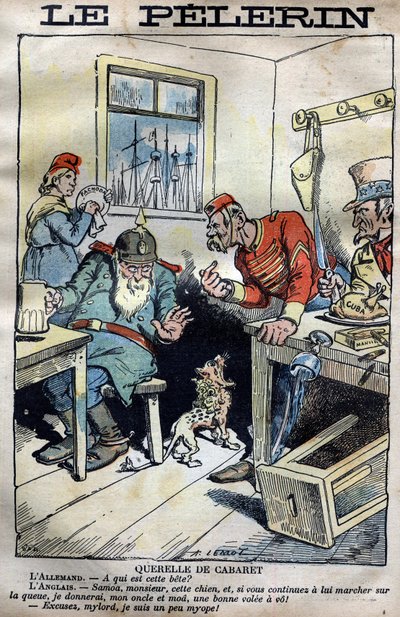 Cabaret Querelle: Karikatur über die Kolonialkriege zwischen England, Deutschland, Frankreich und den Vereinigten Staaten um die Situation in Fachoda in Afrika. Gravur von Lemot in „Le Pèlerin“ vom 23. April 1899 (Die Fachoda-Krise: schwerer diplomatischer von A Lemot
