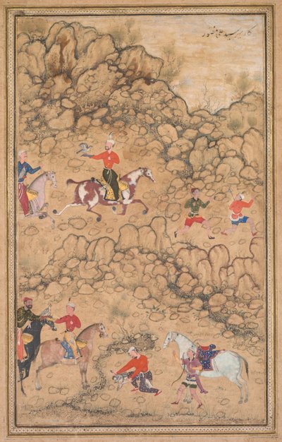 Jagd mit Falken in einer Landschaft, um 1558-1560, Ränder wahrscheinlich im 18. Jahrhundert hinzugefügt von Abd al Samad