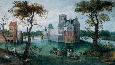 Ein Wassergraben-Schloss mit eleganten Figuren in einem Boot und einem Jäger mit seinen Hunden auf einem Weg im Vordergrund von Abel Grimmer or Grimer