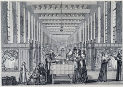 Innenansicht der Krankenstation des Hôpital de la Charité (auch genannt das Krankenhaus der Frères-de-Saint-Jean-de-Dieu) in Paris - Gravur nach Abraham Bosse (1602-1676) - veröffentlicht in „17. Jahrhundert - Institutionen: Bräuche und Kostüme, Frankreich von Abraham (after) Bosse