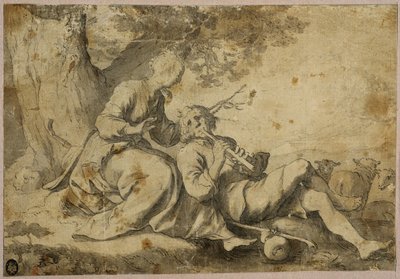 Hirte und Hirtin ruhen unter einem alten Baum von Abraham Bloemaert