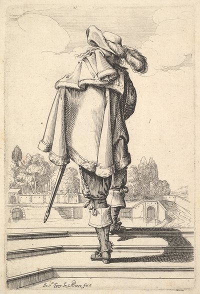 Ein Herr, von hinten gesehen, geht eine Brüstung hinauf, mit einem Umhang über der linken Schulter..., 1629 von Abraham Bosse