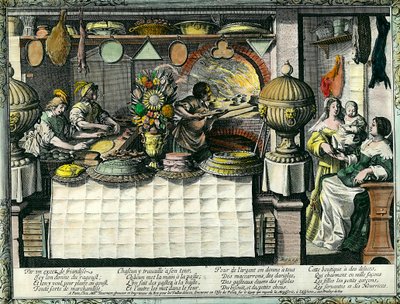 Eine Konditorei im 17. Jahrhundert: die Hinterstube, in der Bäcker und Konditoren Kuchen und Brote herstellen und backen, und Kunden im Laden. Kuchenform hängt an der Wand. Gravur von Abraham Bosse (1602-1676) von Abraham Bosse