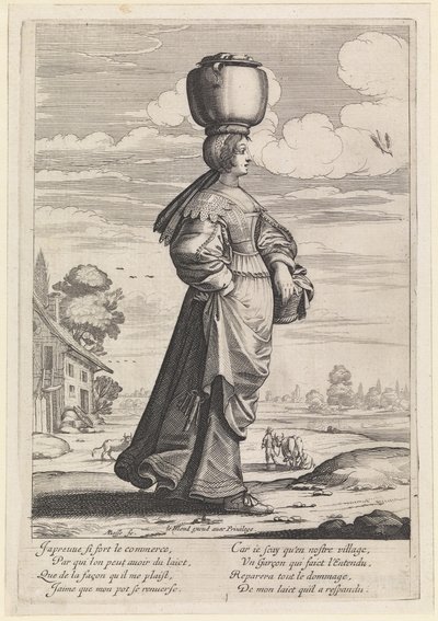 Nach rechts gehende Frau in einer Landschaft, die einen Topf auf dem Kopf trägt von Abraham Bosse
