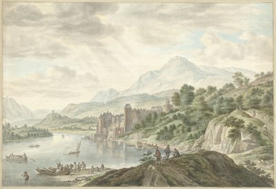 Hügellandschaft mit einem Schloss an einem Fluss von Abraham Delfos