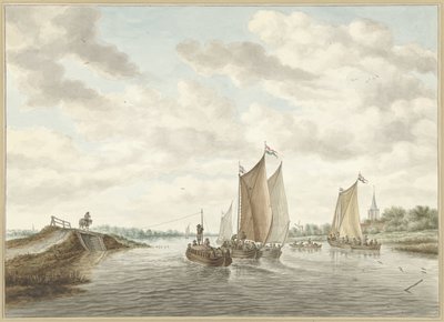 Flusslandschaft mit verschiedenen Booten von Abraham Delfos