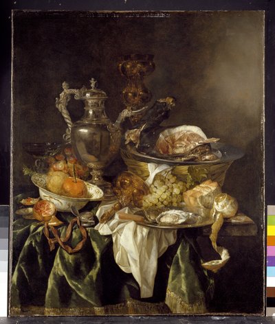 Stillleben mit einem silbernen Weinkrug mit einem reflektierten Porträt des Künstlers von Abraham Hendricksz van Beyeren