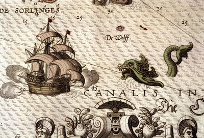 Ein Meeresmonster greift eine Galeone (Karavelle) an. Detail einer Karte in „Theatrum Orbis Terrarum“ von Abraham Ortelius, Antwerpen 1584. von Abraham Ortelius