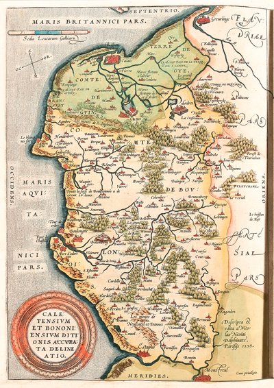 Caletensium et Bononiensium Ditionis Accurata Delineatio Geographische Karte des Boulonnais-Territoriums (Grafschaft Boulogne), Artois und Französisch-Flandern einschließlich der Orte Calais, Arches, Greuelinge, Etaples und Montreuil... aus „Theatrum Orbis von Abraham Ortelius