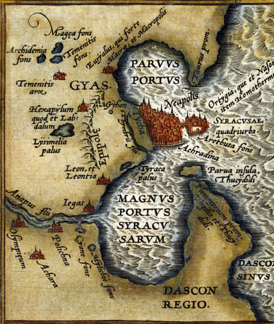 Ehemaliger Hafen von Syrakus (Sizilien) - in „Atlas“ von Abrahm Ortelius von Abraham Ortelius