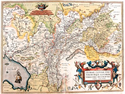 Gelriae, Cliviae, Finitimorum Qe Locorum Verissima Descriptio Christiano Schrot. Auctore. Geographische Karte des Gebiets der deutschen Niederlande aus „Theatrum Orbis Terrarum“ von Abraham Ortelius (Oertel, Ortell oder Ortel) von Abraham Ortelius