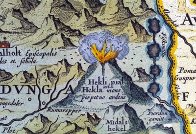 Hekla-Vulkan in Island. Atlas von Abraham Ortelius, Amsterdam 1588. von Abraham Ortelius