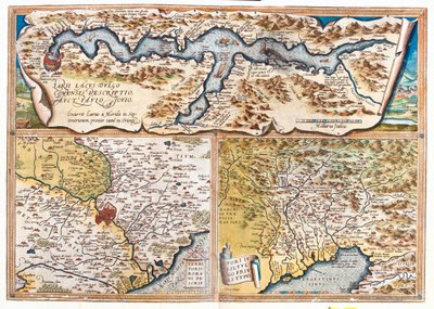 Comer See (Italien; Region: Lombardei), Rom (Italien; Region: Latium), Golf von Triest (Italien: Region Friaul-Julisch Venetien; Slowenien: traditionelle Region Slowenisches Küstenland; Kroatien: Istrien) von Abraham Ortelius