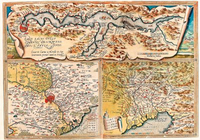 Larii Lacus Vulgo Tertorii Romani Fori Iulii. Geographische Karte von Norditalien aus „Theatrum Orbis Terrarum“ von Abraham Ortelius (Oertel, Ortell oder Ortel) von Abraham Ortelius