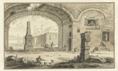 Fantasieansicht einer italienischen Stadt mit klassischen Bauwerken und Durchblick unter einem Bogen von Abraham Rademaker