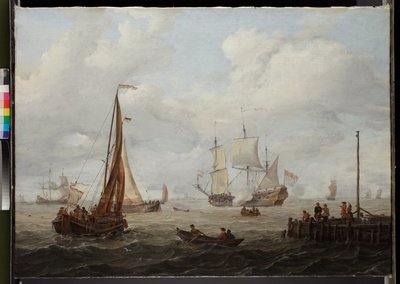 Seestück mit einem niederländischen Kriegsschiff, vor 1708 von Abraham Storck