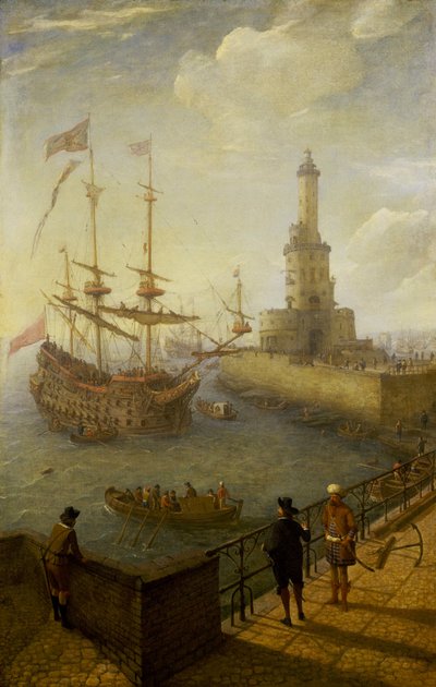Ein spanisches Dreimastschiff vor der Küste von Neapel (Italien), gesehen von einem gepflasterten Pier in der Stadt, in Richtung Leuchtturm und Gebäude des Mittelmeerhafens von Abraham Willaerts