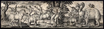 Orpheus sitzt auf einem Stein, hält ein Saiteninstrument und bezaubert die Tiere mit Musik. Gravur von A. de Bruyn. von Abraham de Bruyn
