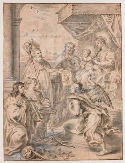 Maria mit Kind auf Thron, angebetet von drei Heiligen von Abraham van Diepenbeeck