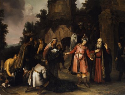 Der Prophet Elisa weist Naamans Gaben zurück (2. Könige 5) von Abraham van Dijck