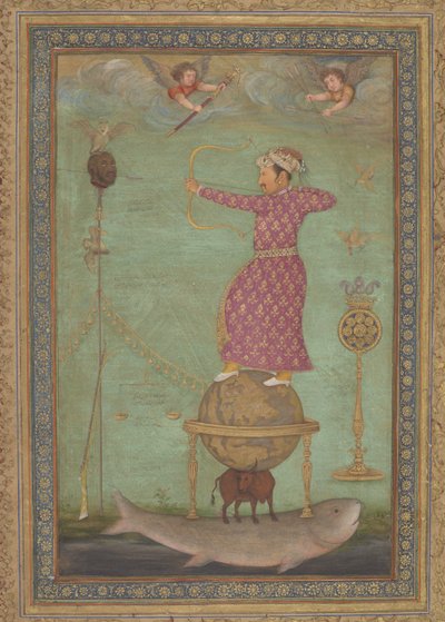 Jahangir schießt auf den Kopf von Malik Ambar, frühes 17. Jahrhundert (deckende Aquarellfarbe, Tinte & Gold auf Papier) von Abu