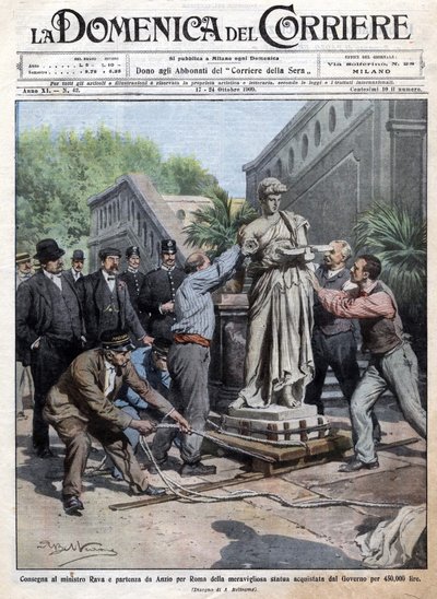 Eine vom Staat für 450.000 Lire gekaufte Statue wird nach Rom gebracht und an Minister Rava übergeben. Ill. von Beltrame. La Domenica del Corriere. 10/1909. von Achille Beltrame
