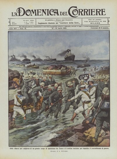 Geschickte Landung einer großen Expeditionsstreitmacht zwischen Zuara und der tunesischen Grenze von Achille Beltrame