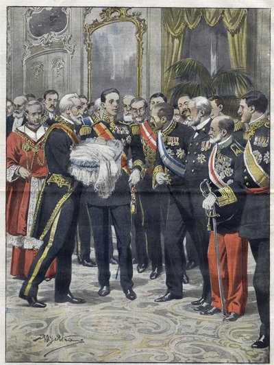 Alfonso XIII (1886-1941), König von Spanien bei der Zeremonie der Vorstellung seines Sohnes Alfonso (1907-1938), Graf von Covadonga, Prinz von Asturien. Zeichnung von Achille Beltrame. von 1907. von Achille Beltrame