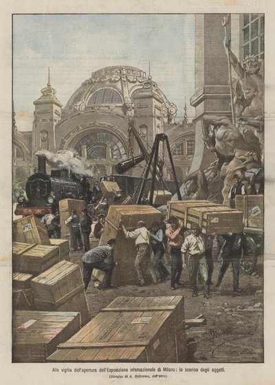 Am Vorabend der Eröffnung der internationalen Ausstellung in Mailand, das Entladen der Gegenstände von Achille Beltrame